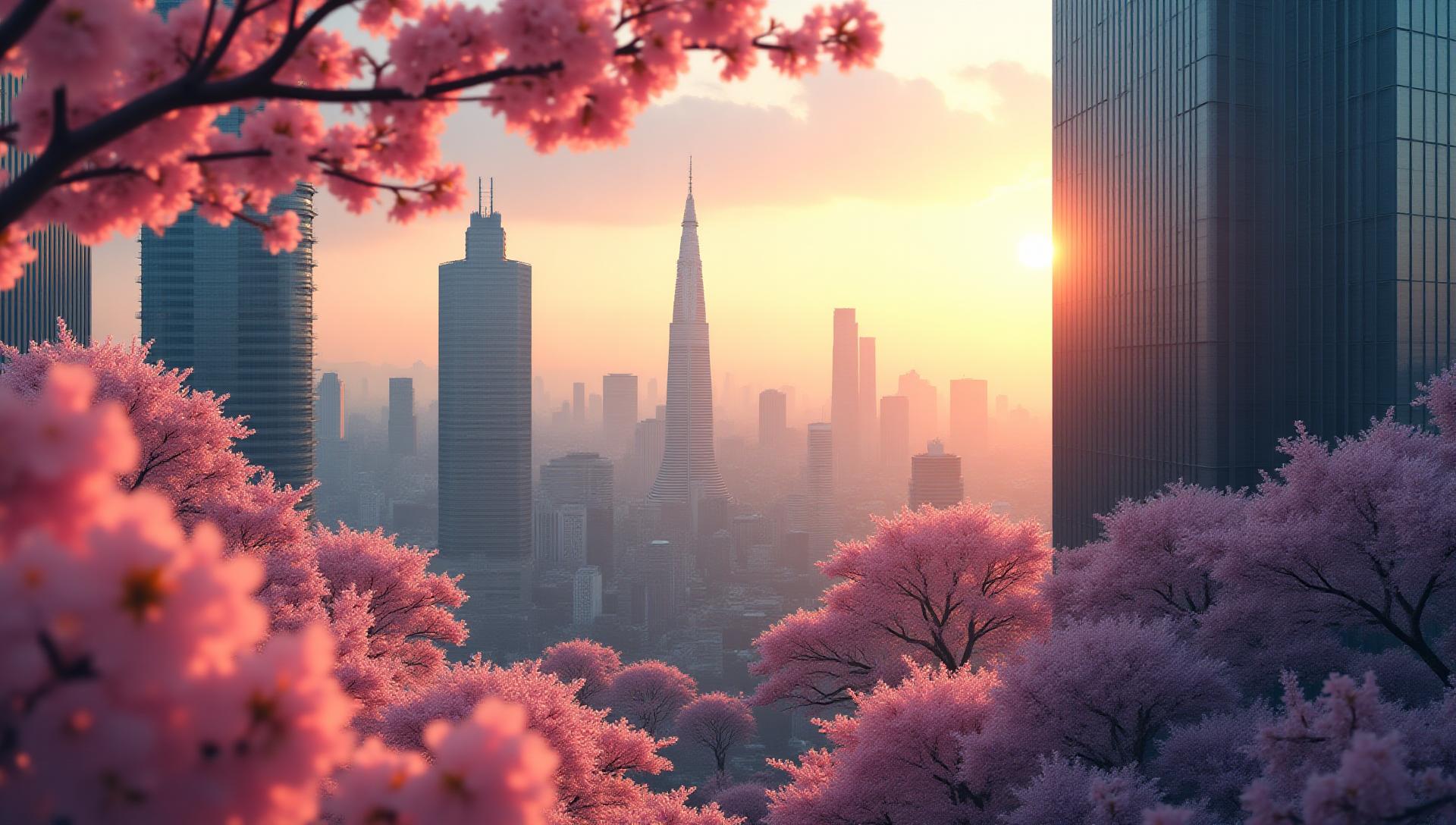 東京の高層ビル群と桜の木々が融合した未来的な都市景観。